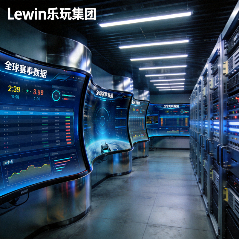 Lewin乐玩集团关于我们模块配图 - 现代化电竞数据中心内部，屏幕显示全球赛事数据