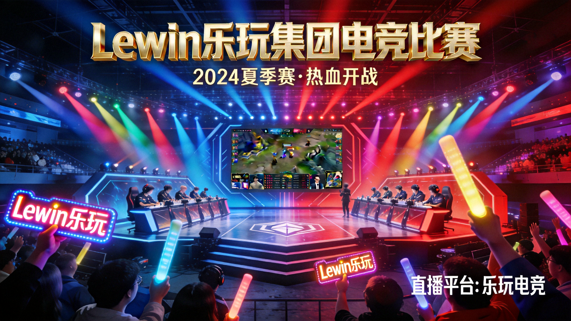 Lewin乐玩集团全屏横幅 - 电竞比赛主舞台全景，灯光璀璨，观众欢呼