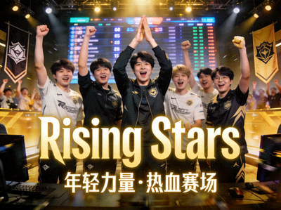 Rising Stars 战队宣传图 - 年轻选手在赛场上激情庆祝